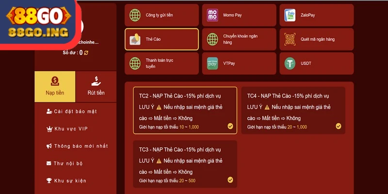 Nạp Tiền 88GO - Đa Dạng Phương Thức Thực Hiện Cho Hội Viên 1 Nạp tiền vào tài khoản 88GO bằng thẻ cào điện thoại